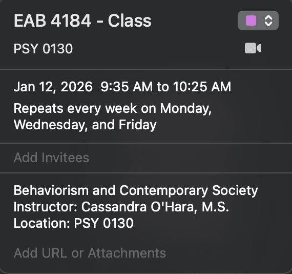 Full course calendar with every class, exam, and assignment