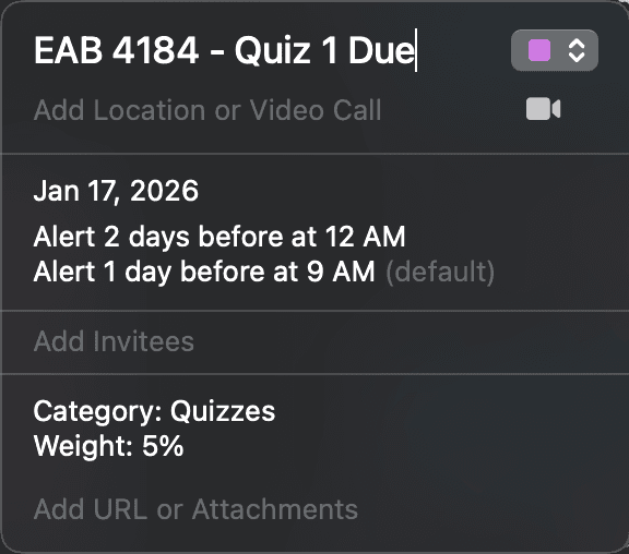 Built-in reminder alerts for quizzes and deadlines